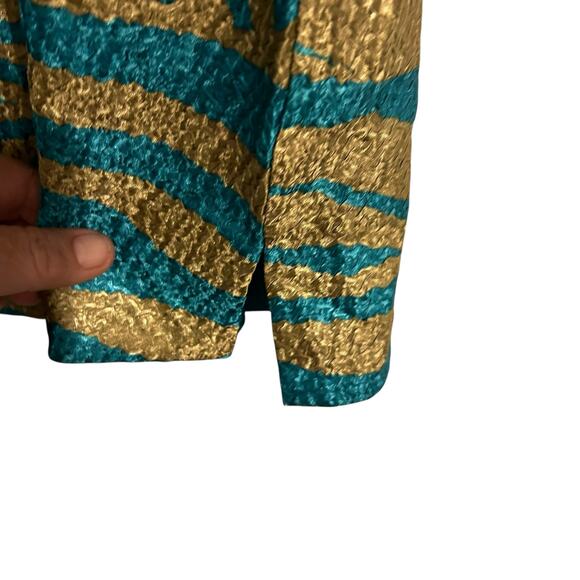 Chico's Travelers Top Sleeveless SZ O Teal Gold Textured Metallic Abstract Shiny - Picture 5 of 9